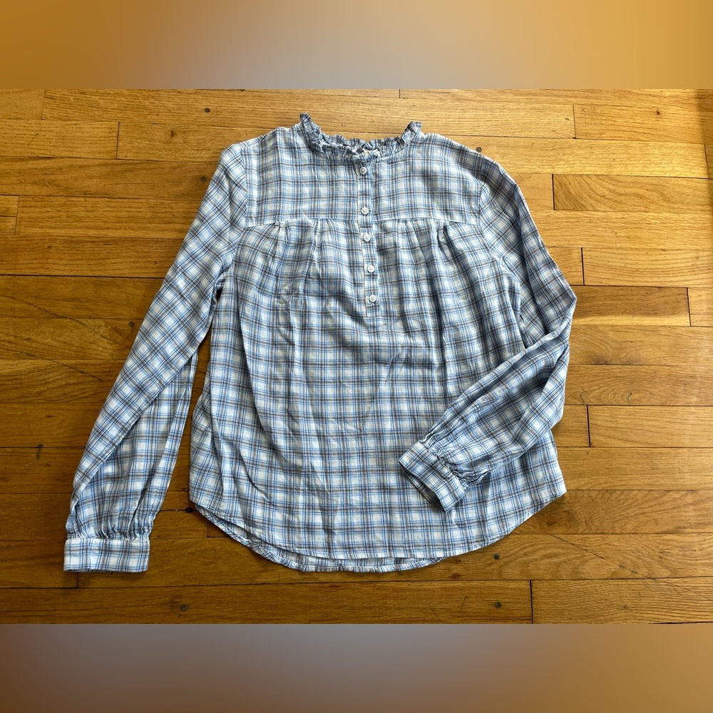 a.n.a Blue and White Plaid Ruffle Collar Blouse